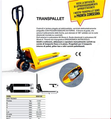 Transpallet manuale nuovo, portata 2500 kg.